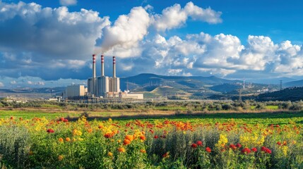 Obraz premium A scenic view featuring a power plant amidst vibrant flowers and rolling hills.