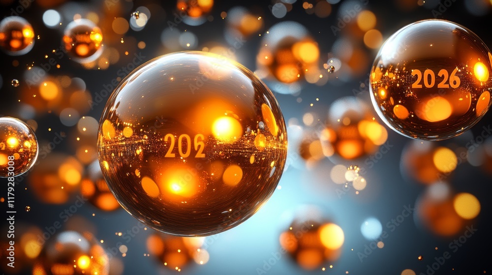 Poster abstract golden liquid spheres with soft bokeh effect, 3d render background representing year 2026