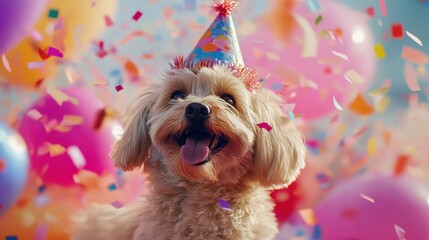 Happy Dog Celebrating Birthday with Colorful Balloons and Confetti