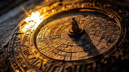 A close-up of a sundial casting a sharp shadow over its engraved face.