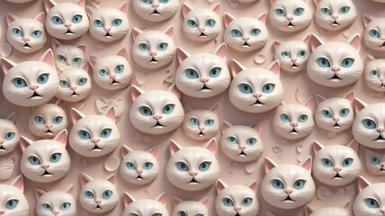 Stylized Cat Heads: 3D Abstract Pattern with Expressive Cat Faces in Pastel Tones on Textured Background