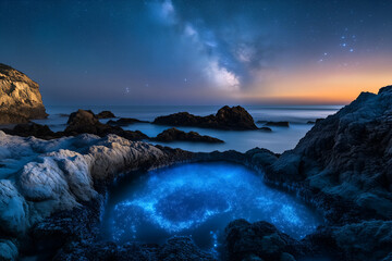 Obraz premium Bioluminescent tide pool beneath starlit coastal cliffs
