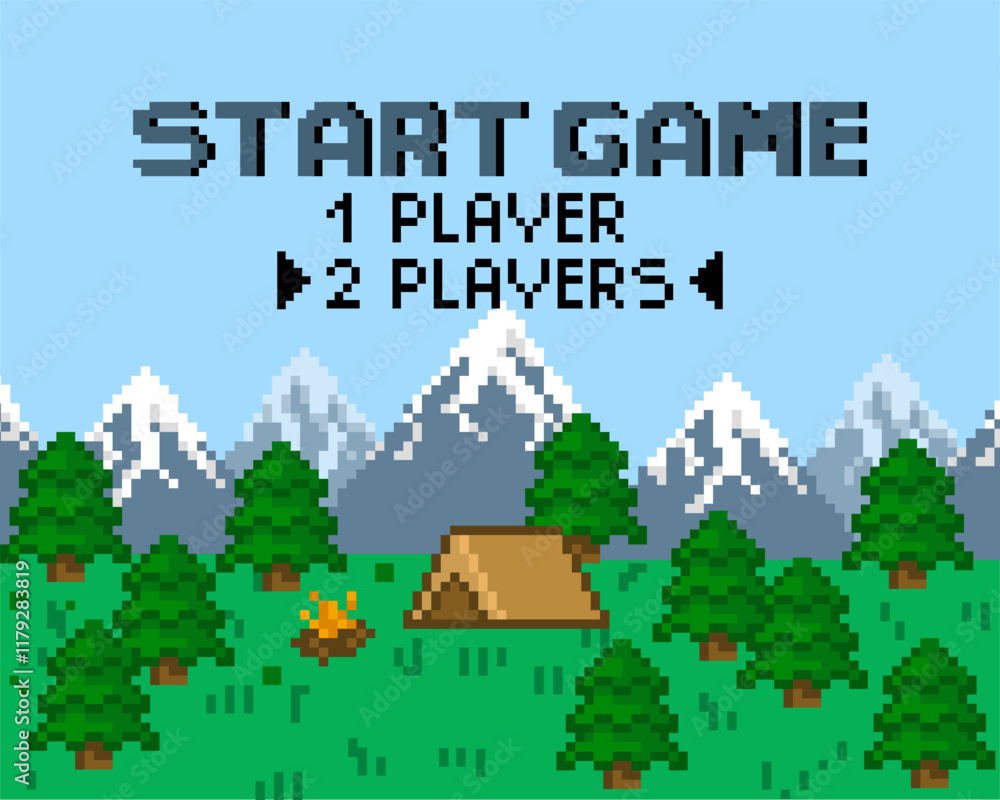 Fototapete background for pixel game. game start. 8-bit pixel interface. character selection. achievements in a