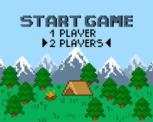 Background for pixel game. Game start. 8-bit Pixel interface. Character selection. Achievements in arcade games. Vector illustration