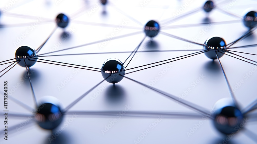 Poster abstract network connection: interconnected metallic spheres representing global digital connectivit