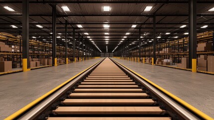 Obraz premium A wide-angle view of a spacious warehouse featuring railway tracks, illuminated by overhead lights, with storage racks filled with boxes lining the sides.