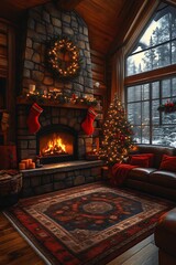 Cozy Christmas cabin living room with fireplace, tree, and stockings.