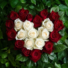 Naklejka premium Heart-shaped red and white roses on green leaves background