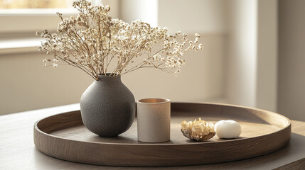 wooden tray with dried flowers and candles on table