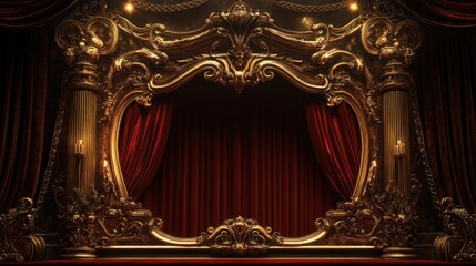 Ornate Theatre Stage with Red Curtains and Golden Frame Design