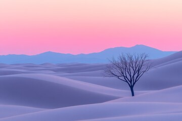 Minimalist landscape with two trees and soft pastel colors at sunset