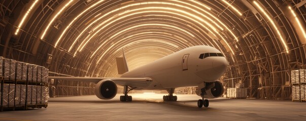 Global Trade Dynamics logistics concept. A large airplane is positioned inside a spacious warehouse, illuminated by warm lighting, with cargo containers arranged nearby.