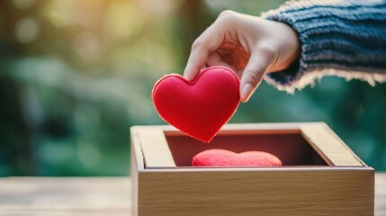 charity, love and valentine's day concept - close up of hand putting red heart into donation box