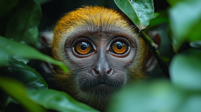 An inquisitive monkey is looking through the greenery, seizing a moment of nature's curiosity in the woods.