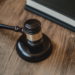 Close-up of a polished gavel on aged wooden surface with legal books