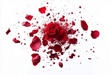 Dynamic explosion of red roses and petals studio setting fine art photography bright background close-up view beauty concept