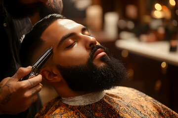 Relaxed Man Receiving a Professional Beard Trim at a Barbershop