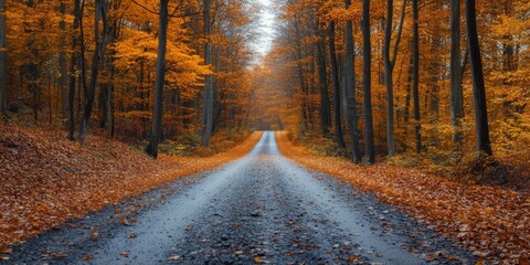 Misty road in an autumn forest lined with tall trees