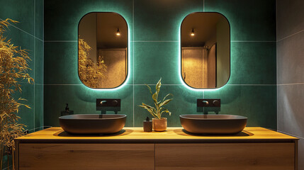 Luxurious green ensuite bathroom with wall mounted mirrors