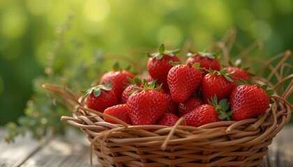  Fresh strawberries in a wicker basket on sunny day.