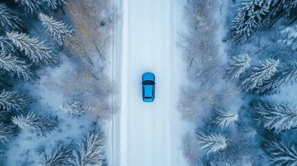Blue SUV on a snowy forest road in winter mountains 