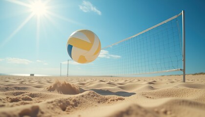 Yellow volleyball on sandy beach under bright sunlight.
