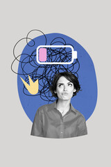 Composite trend artwork sketch image photo collage of young lady emoji face grimace think mind...