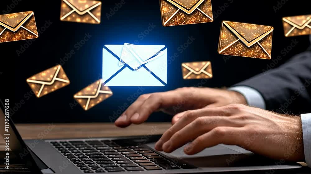 Poster hands typing on a laptop while receiving virtual email notifications, showcasing the influence of di
