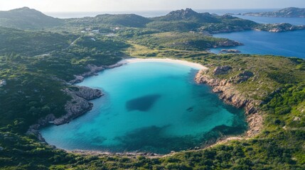 Serene Aerial View of a Turquoise Coastal Bay with Rocky Shores