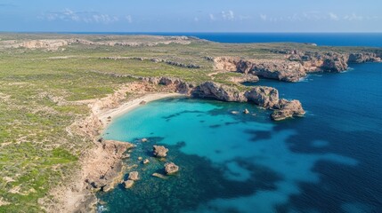 Fototapeta premium Serene Aerial View of Idyllic Coastal Beach with Clear Water