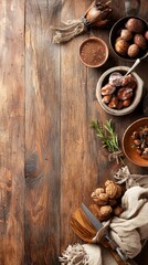 Rustic Wooden Background with Nuts Spices Pastry and Herbs