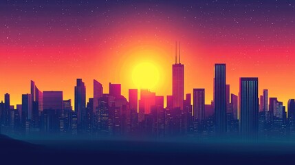 A futuristic cityscape glowing with vibrant colors beneath a clear, star-filled sky.