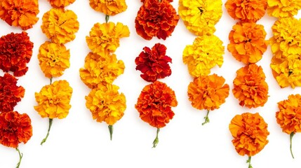 Marigold flowers garland. Traditional composition for Indian Diwali or Mexican Day of Dead. Banner with place for text. Isolated floral design