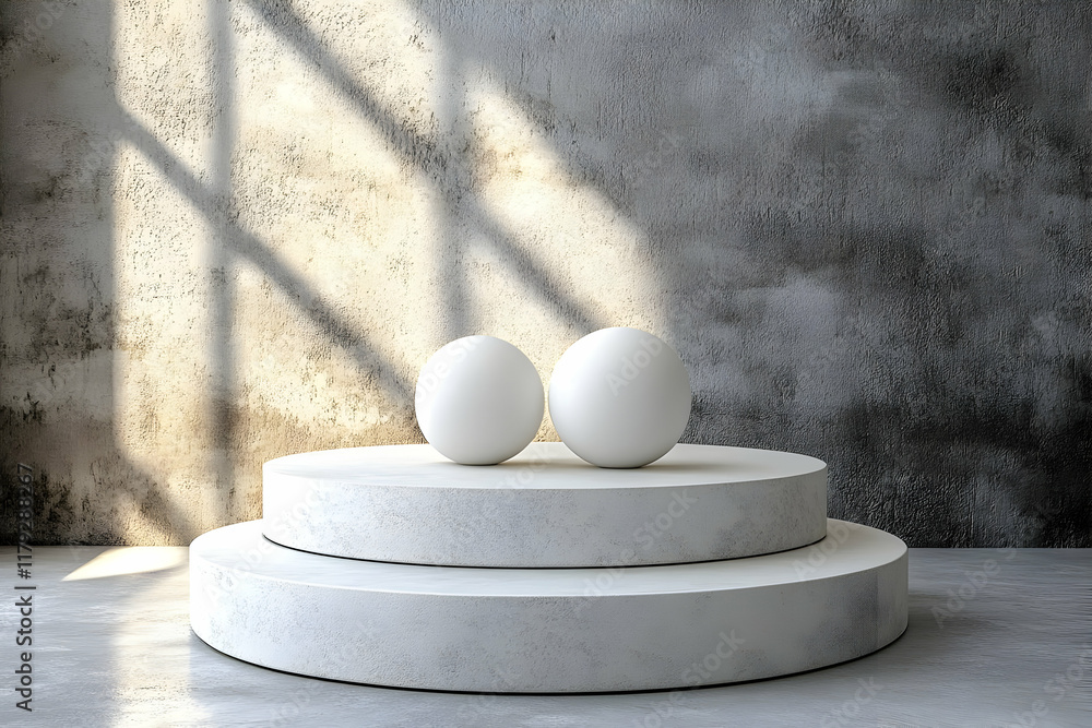 Poster two white spheres on a circular platform: minimalist product display with dramatic lighting and text
