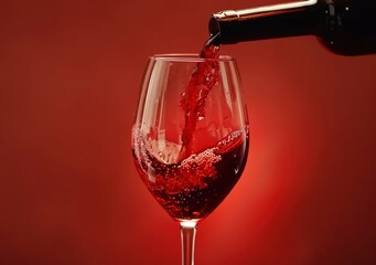 Red wine pouring into a glass from a bottle, creating a rich and vibrant red color against a dark brown background, perfect for depicting luxury, sophistication, and relaxation in fine dining 