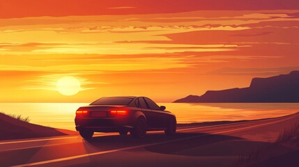 Car on a scenic sunset road along a coastal highway.