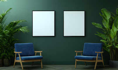 Mockup of poster with vertical frames on a dark green wall in a living room