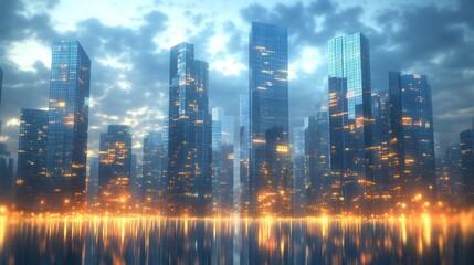 Fototapeta premium Urban skyline reflecting in water during twilight with illuminated buildings and clouds. Generative AI