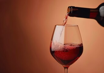 Red wine pouring into a glass from a bottle, creating a rich and vibrant red color against a dark brown background, perfect for depicting luxury, sophistication, and relaxation in fine dining 