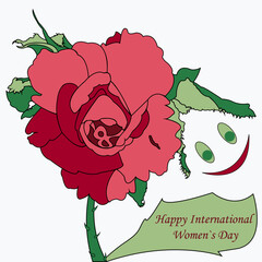 Beautiful congratulations on International Women's Day. Large rose, with a creative smiley face and space for SMS.