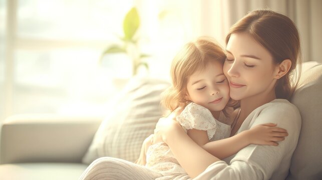 Mother and daughter share a warm embrace in a cozy living room during a sunny afternoon. Generative AI