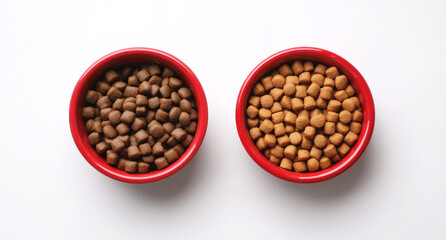 Two red bowls are filled with distinct types of dry pet food, one containing brown kibble and the other featuring a lighter, golden hue. This setup emphasizes variety in pet dietary options