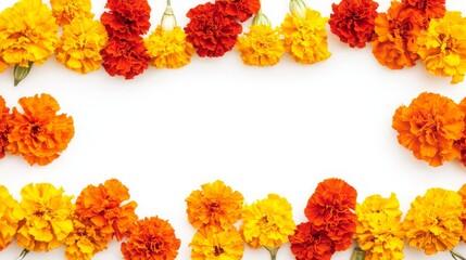 Marigold flowers garland. Traditional composition for Indian Diwali or Mexican Day of Dead. Banner with place for text. Isolated floral design