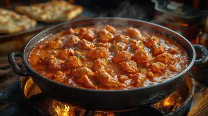 Delicious chicken curry simmering in a traditional pot over an open flame in a cozy kitchen setting. Generative AI