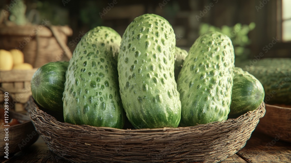 Poster fresh cucumbers arranged in a rustic basket on a wooden table surrounded by greenery. generative ai