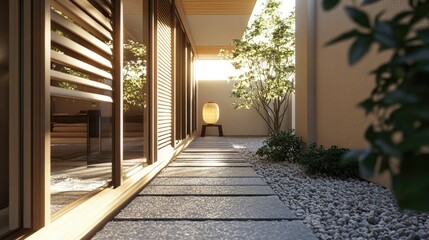 Fototapeta premium A Japanese-style entryway with wooden sliding doors and a neatly arranged stone walkway.