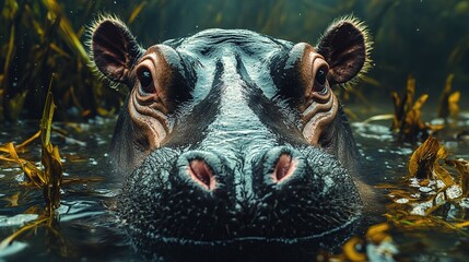 Fototapeta premium A hippopotamus, partly underwater, is watching intently from a peaceful waterhole.