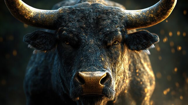 Powerful black bull stands aggressively in a dusty arena during sunset, showcasing strength and presence. Generative AI
