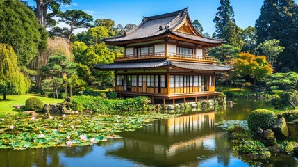 Naklejka premium A Japanese tea house overlooking a pond with lotus flowers.