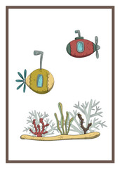 greeting card, invitation, baby shower, birthday template in cartoon under the sea style